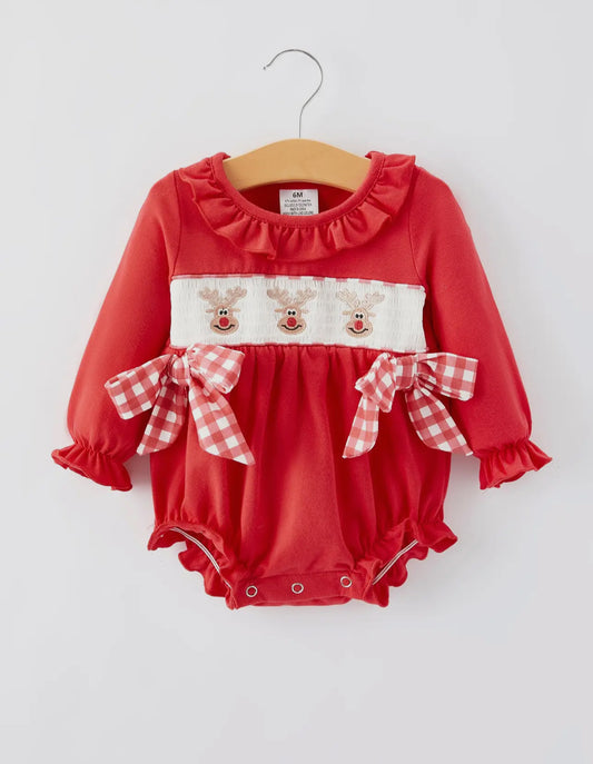 ** PRE ORDER** Christmas Reindeer Bow Red Smocking Embroidery Bubble