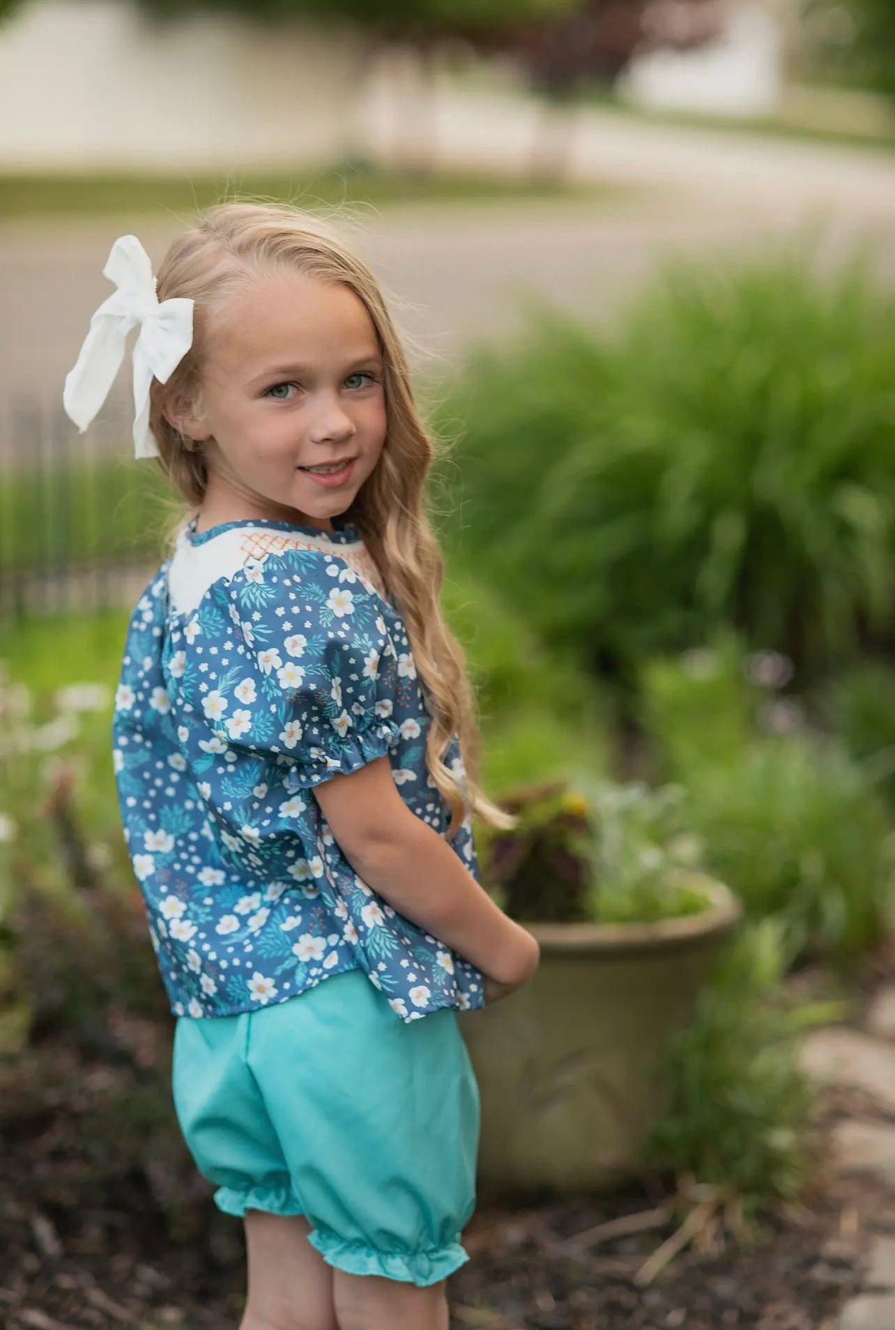 Navy Teal Smocked Spring Bloomer Set