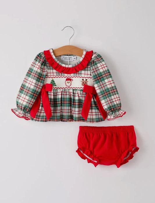 Plaid Festive Friends Christmas Smocked Bloomer Set
