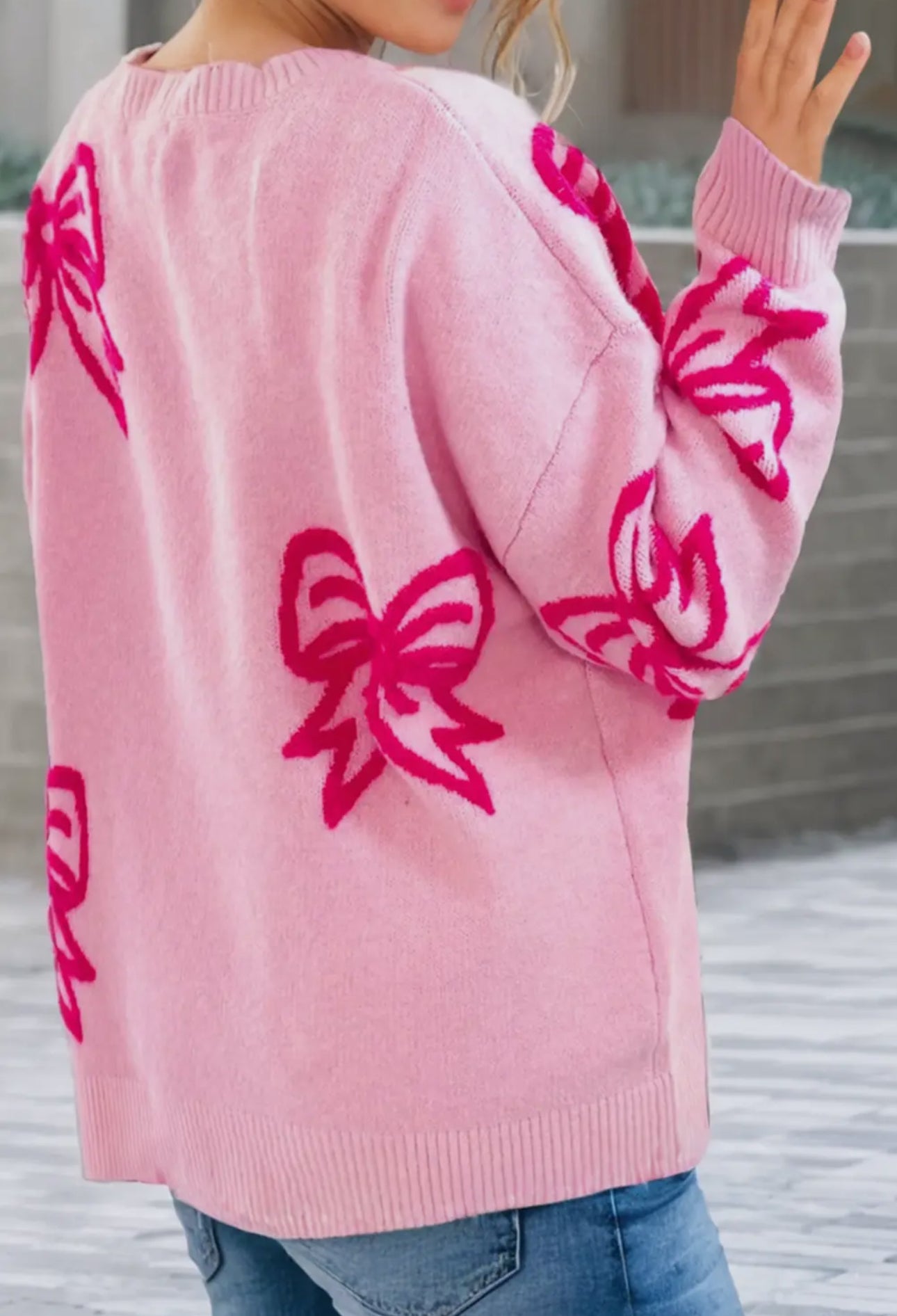 Pink Bow Drop Sleeve Sweater