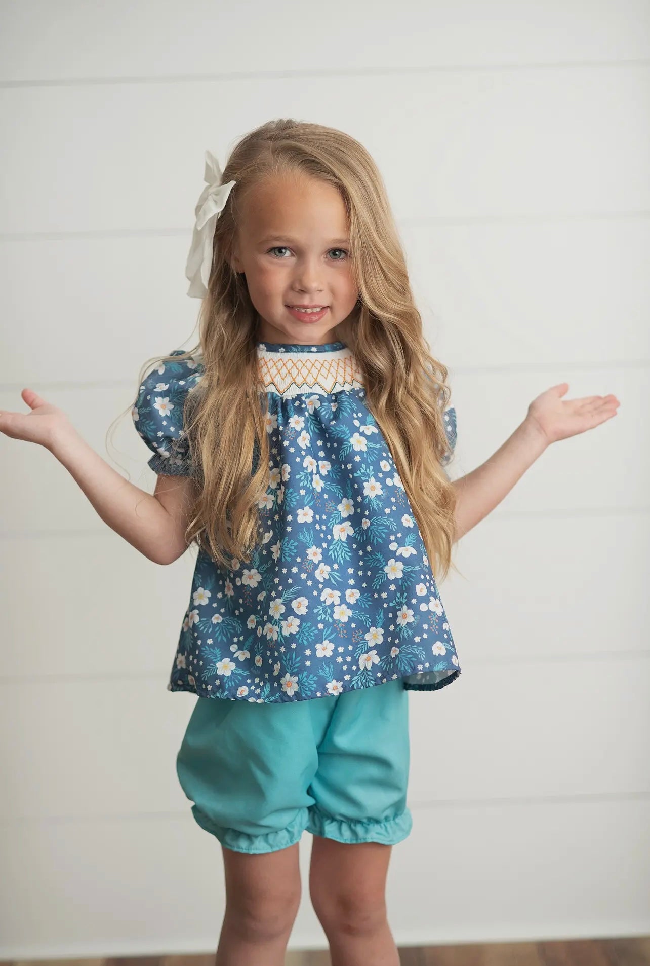 Navy Teal Smocked Spring Bloomer Set