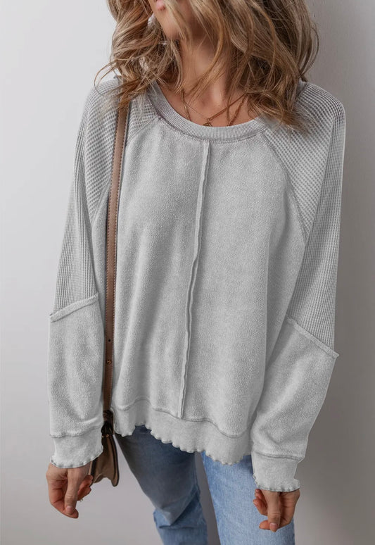 Grey Waffle Knit Patchwork Exposed Seam Sweater