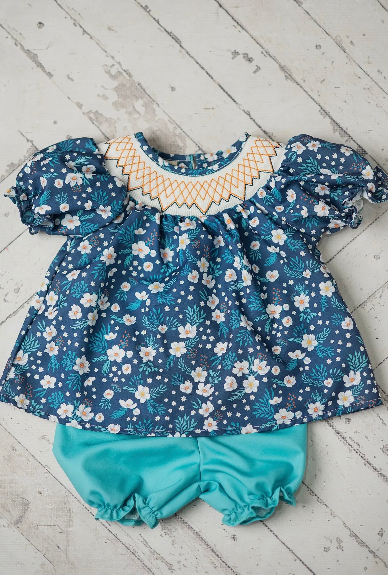 Navy Teal Smocked Spring Bloomer Set