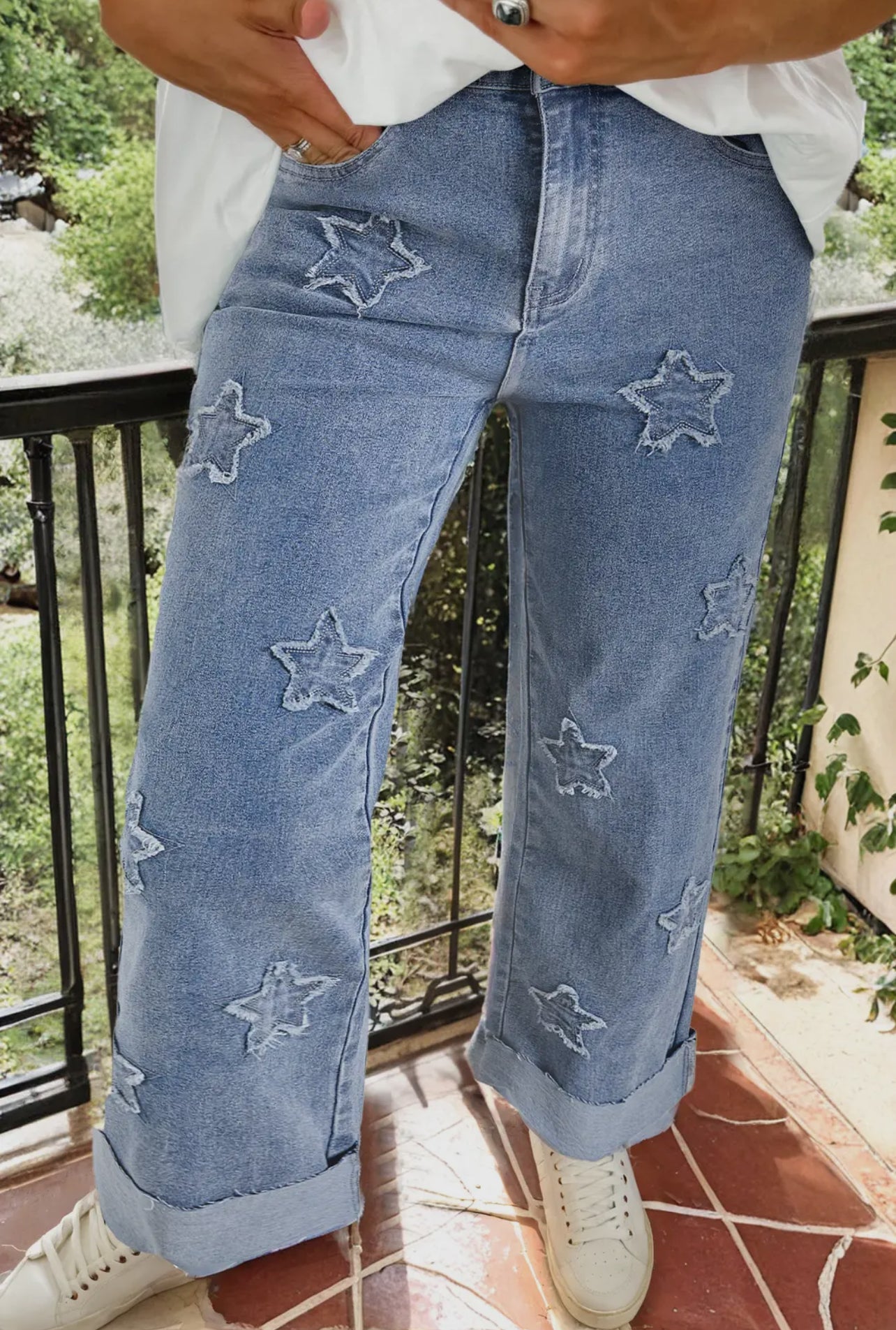 Foiled Star Patchwork Straight Leg Loose Jeans