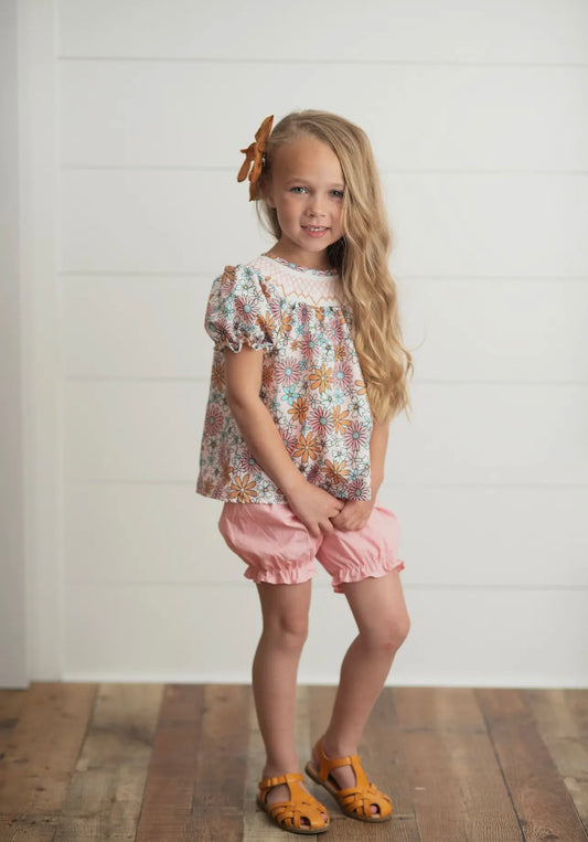 Retro Floral Smocked Pink Spring Bloomer Set