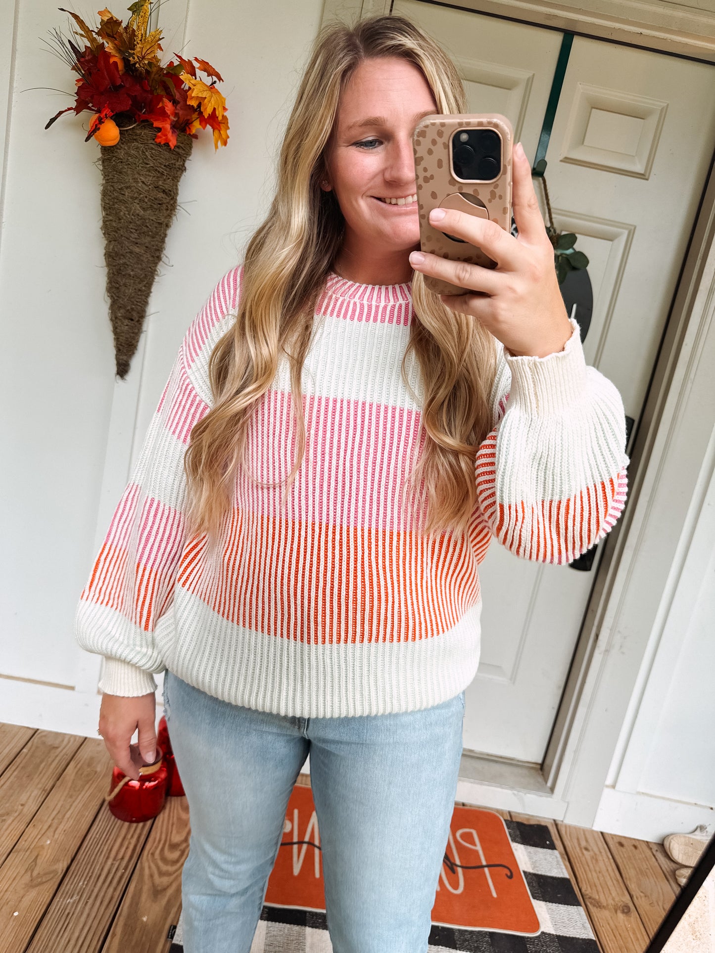 Pink Colorblock Lantern Sleeve Rib Knitted Sweater