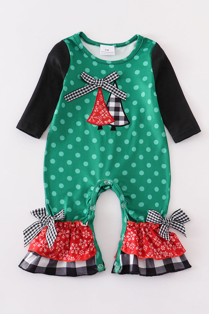 Christmas Tree Applique Dot Ruffle Baby Girl Romper