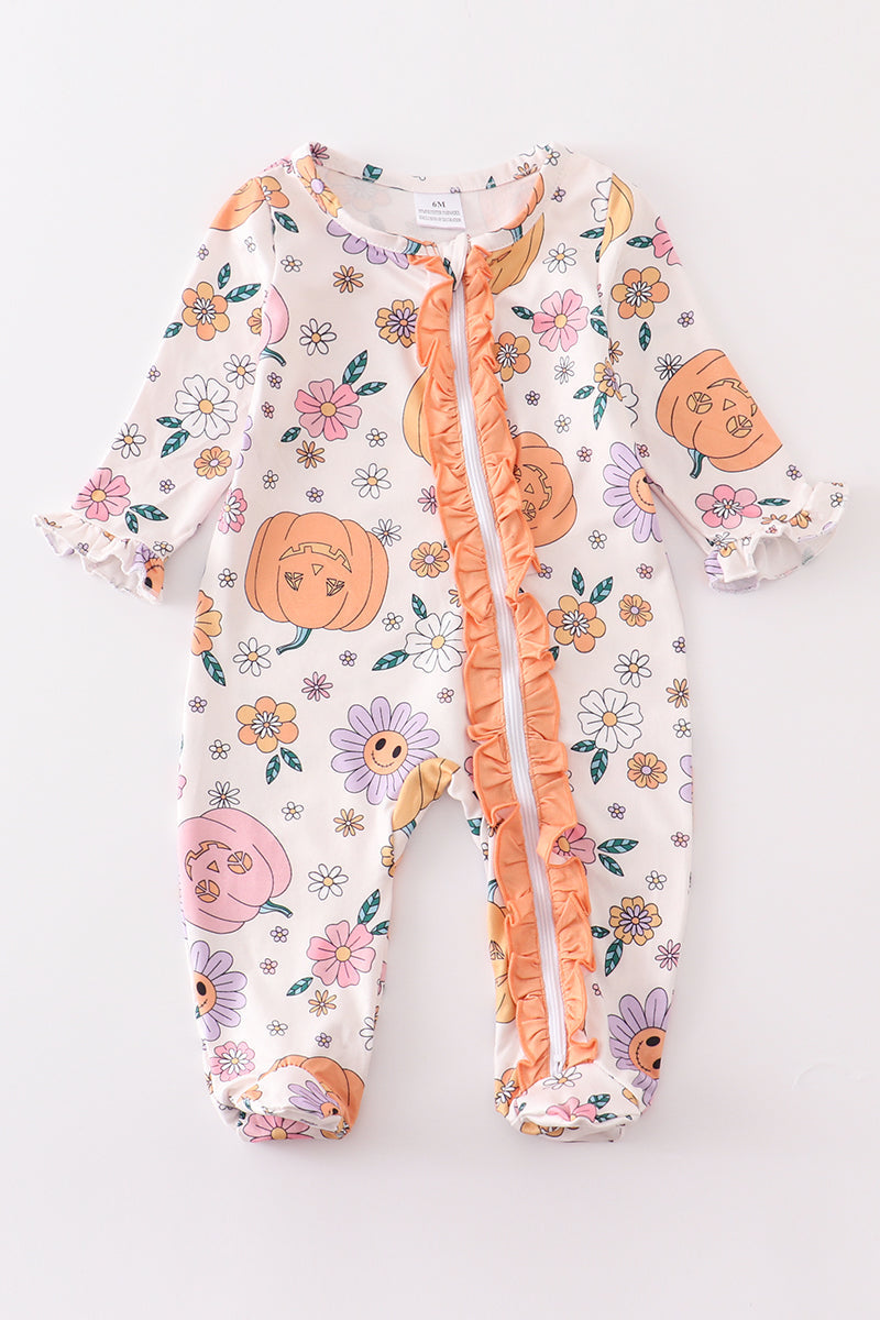 Halloween Pumpkin Floral Ruffle Baby Zipper Romper