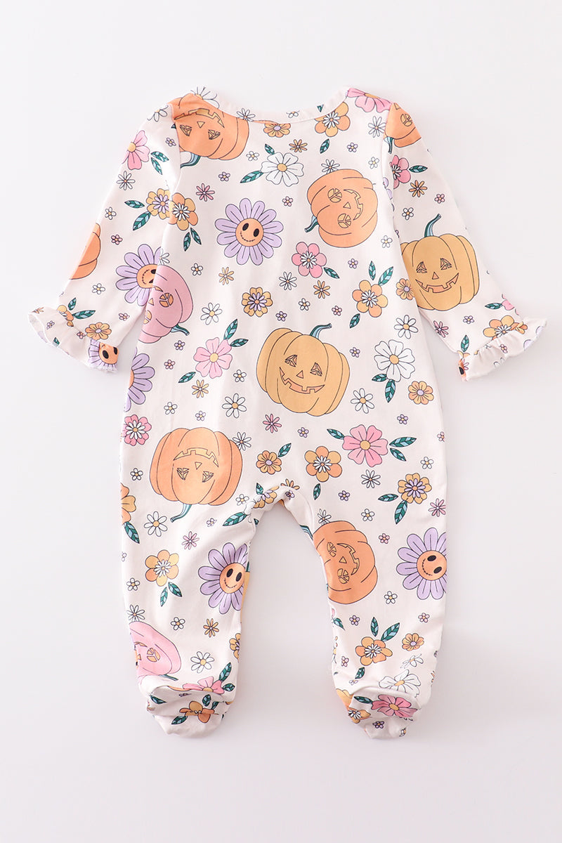 Halloween Pumpkin Floral Ruffle Baby Zipper Romper