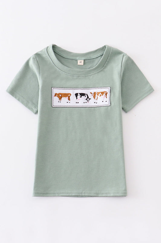 Green cow embroidery boy Shirt