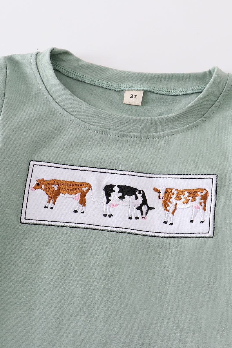 Green cow embroidery boy Shirt