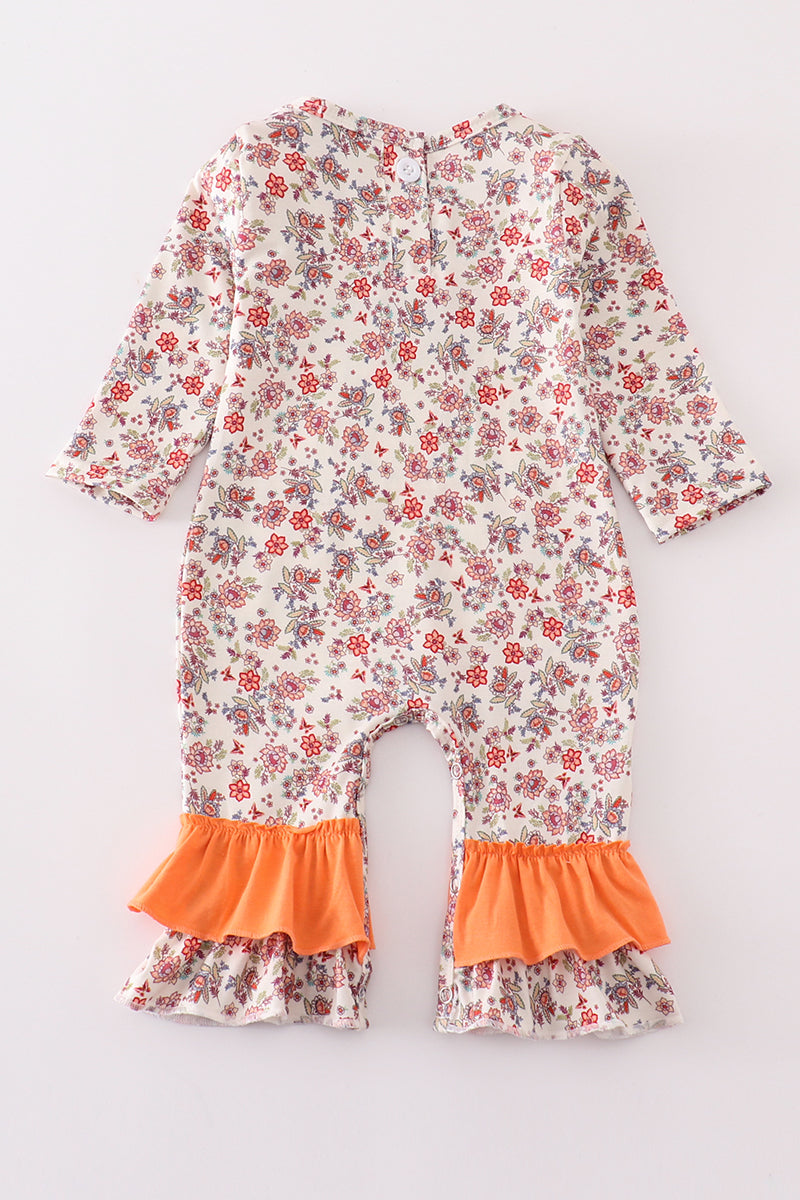 Coral Floral Cow Applique Girl Romper