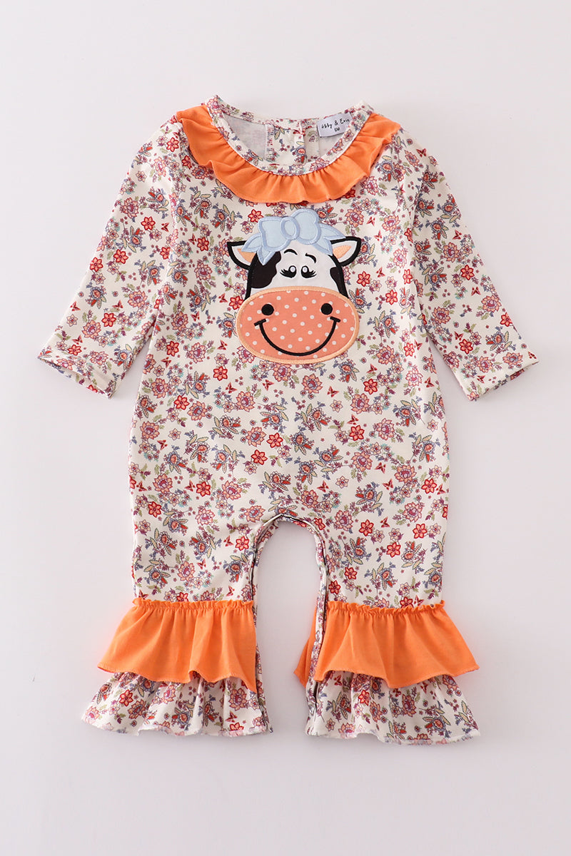 Coral Floral Cow Applique Girl Romper