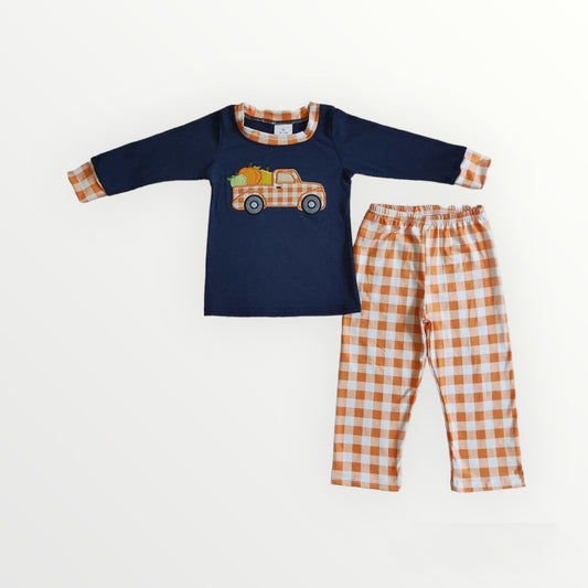 Boy Pumpkin Truck Plaid Pants Set