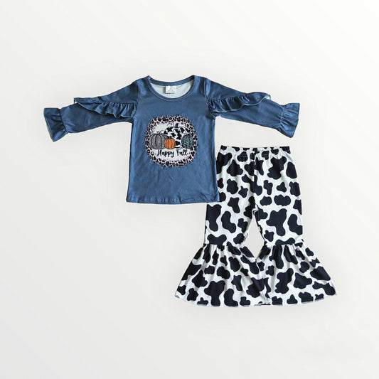 Girl Pumpkin Cow Print Flare Pants Set