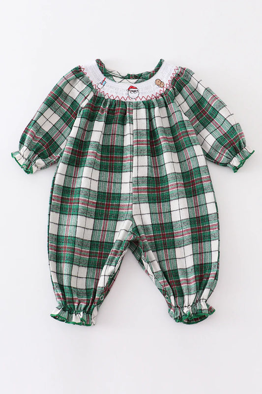 Green Plaid Santa Claus Smocked Baby Girl Romper