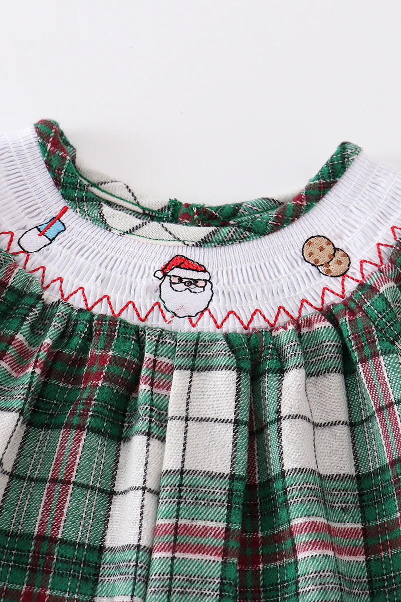 Green Plaid Santa Claus Smocked Baby Girl Romper