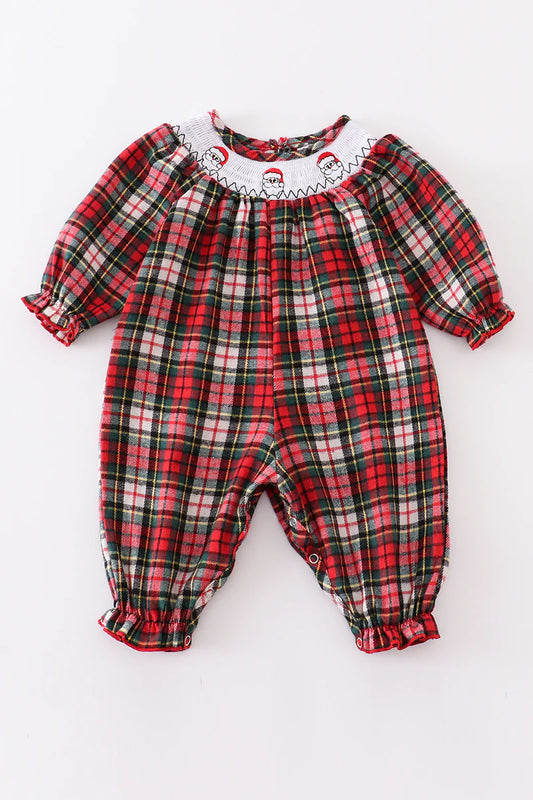 Red Plaid Santa Claus Smocked Romper