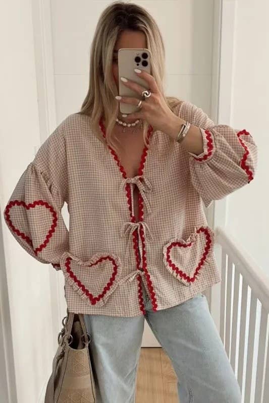 Ric Rac heart-inspired patching Gingham tie front blouse