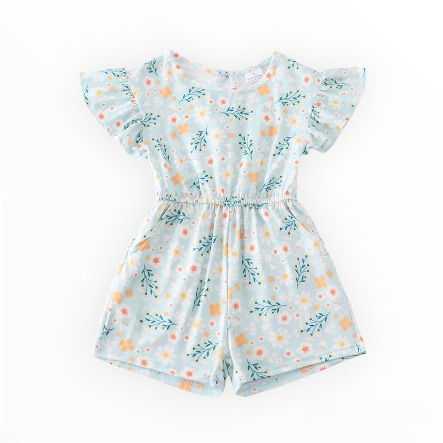 Blue Floral Print Ruffle Girl Romper