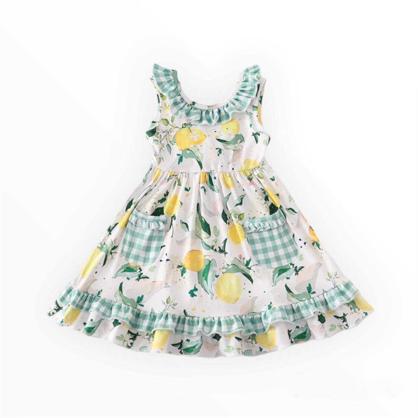 Green Plaid Lemon Pocket Girl Dress