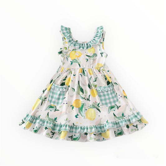 Green Plaid Lemon Pocket Girl Dress