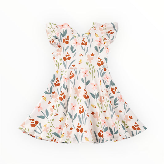 Beige Floral Print Ruffle Dress