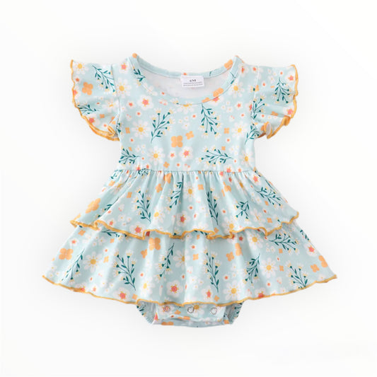 Blue Floral Print Ruffle Bubble