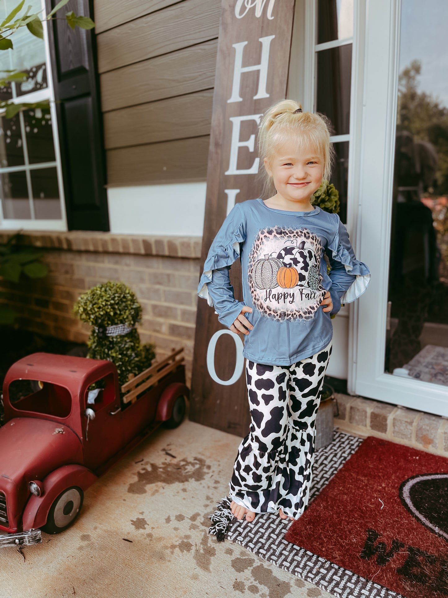 Girl Pumpkin Cow Print Flare Pants Set