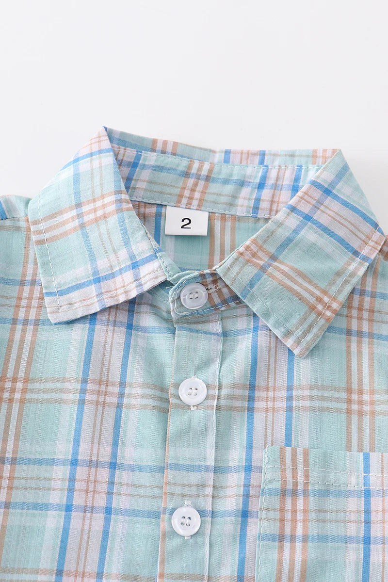 Turquoise Plaid Button Down Boy Shirt