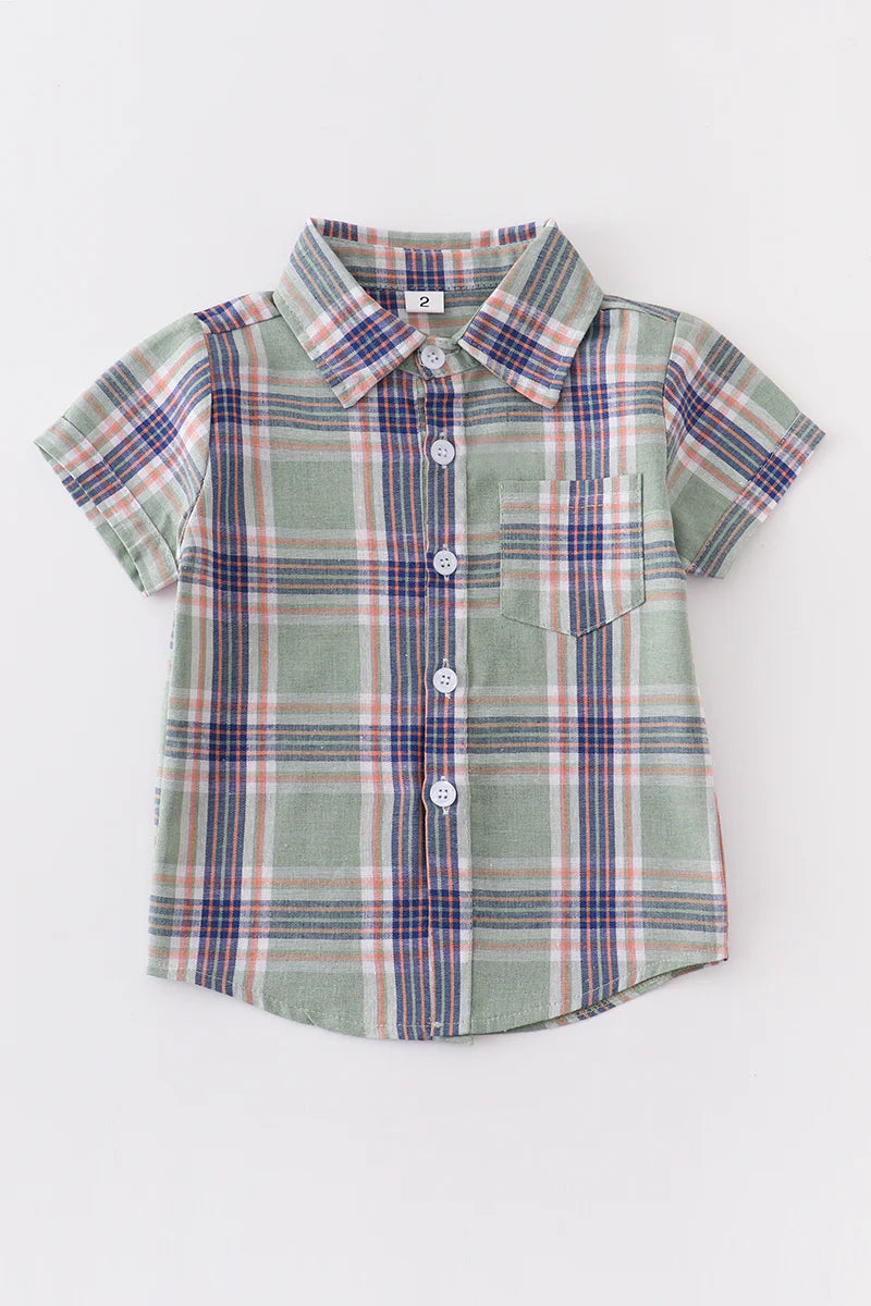 Green Plaid Button Down Boy Shirt