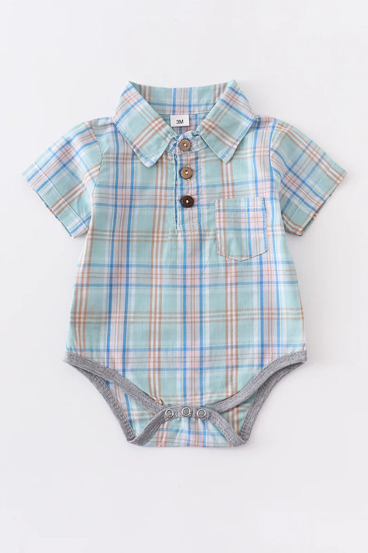Turquoise Plaid Button Down Boy Romper