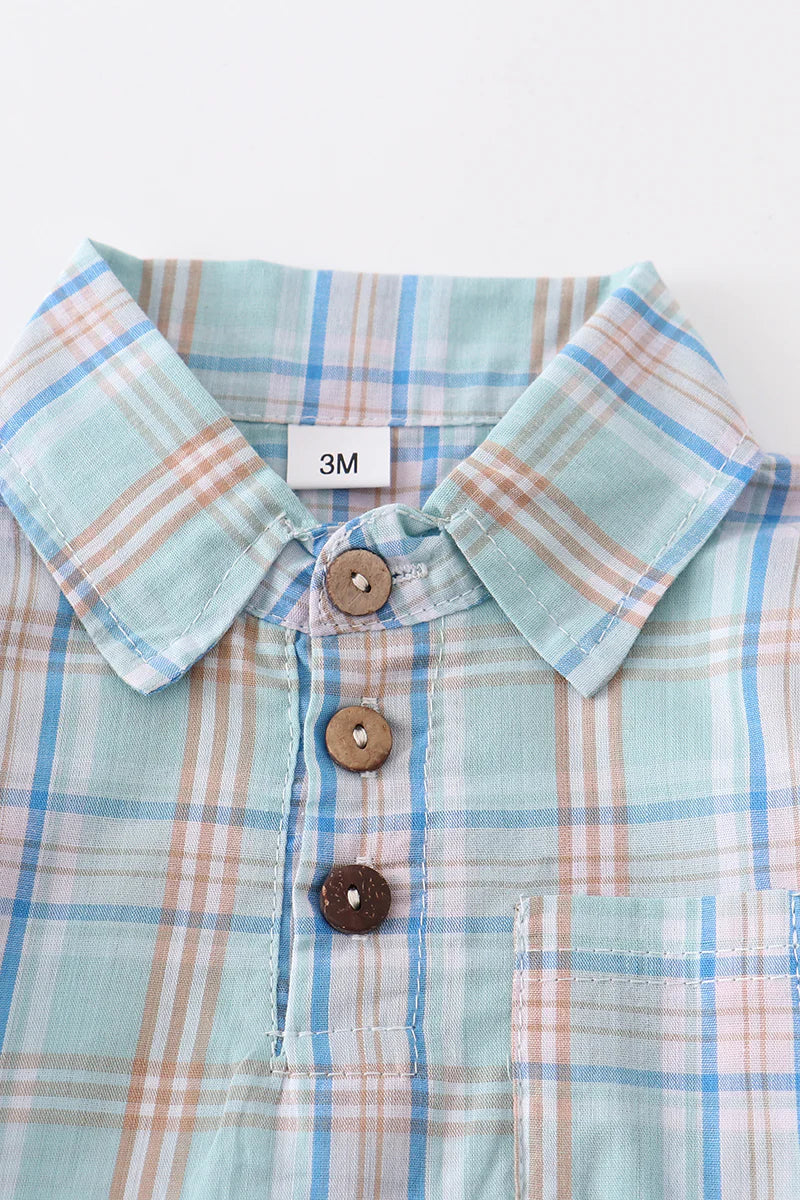 Turquoise Plaid Button Down Boy Romper