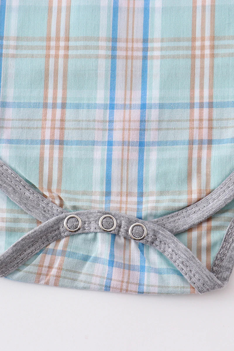 Turquoise Plaid Button Down Boy Romper