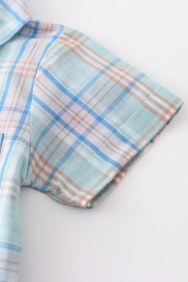 Turquoise Plaid Button Down Boy Romper