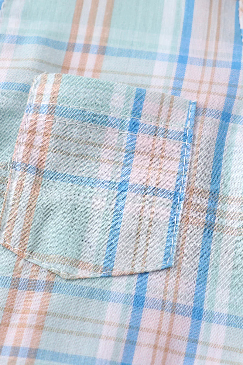 Turquoise Plaid Button Down Boy Romper
