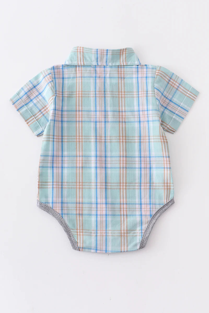 Turquoise Plaid Button Down Boy Romper