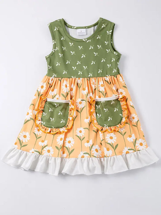 Girl Green Leaves Ruffle Pocket Dress