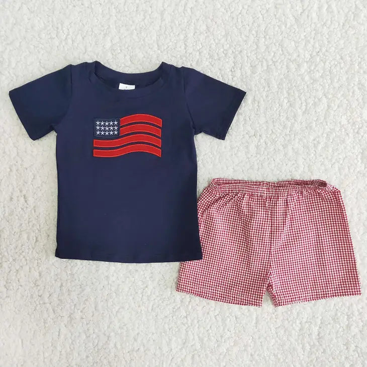 4th of July boys flag embroidered shorts sets