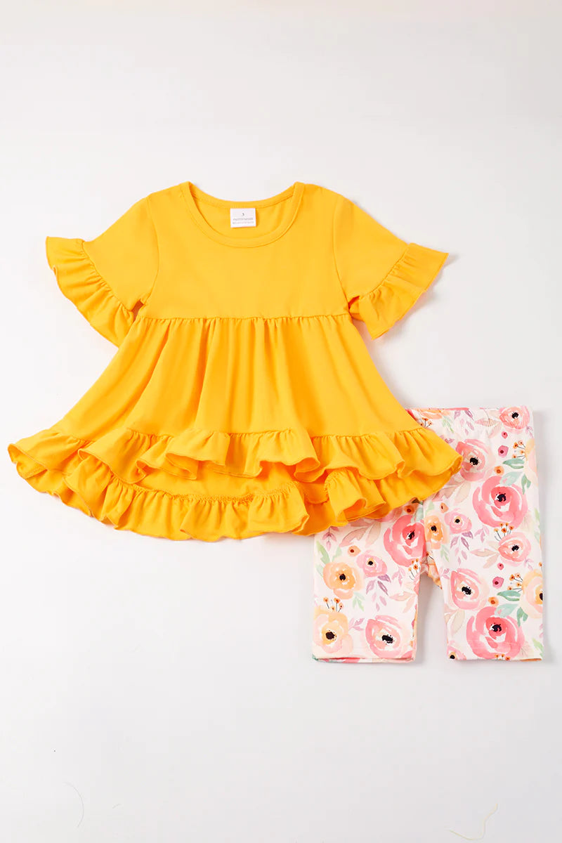 Mustard Floral Print Girl Short Set