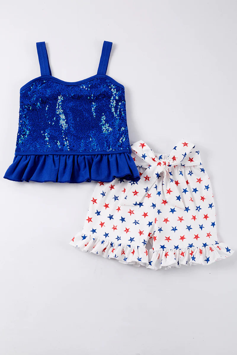 Girl Navy Sequin Patriotic Short Set