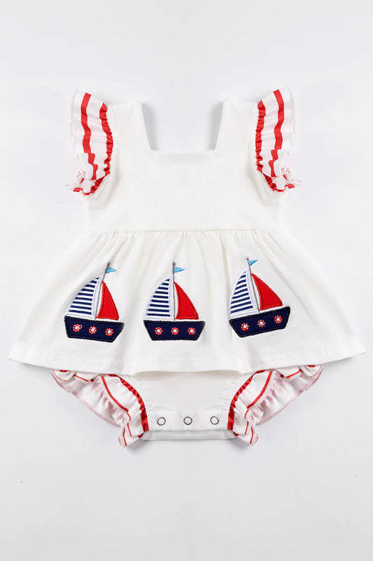 Girl White Sailing Boat Applique Ruffle Baby Romper