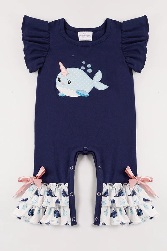 Navy Whale Applique Ruffle Baby Romper