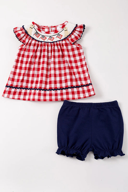 Girl Red plaid dog flag smocked baby set 6M