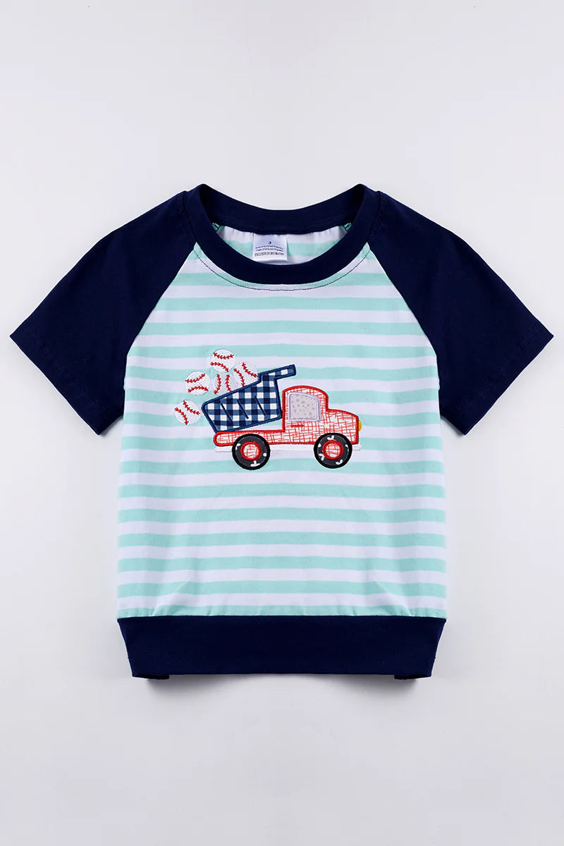 Boy Blue Striped Baseball Truck Applique Top