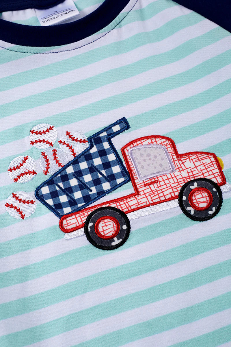 Boy Blue Striped Baseball Truck Applique Top