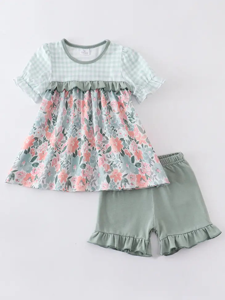 Girl Green Floral Print Short Set